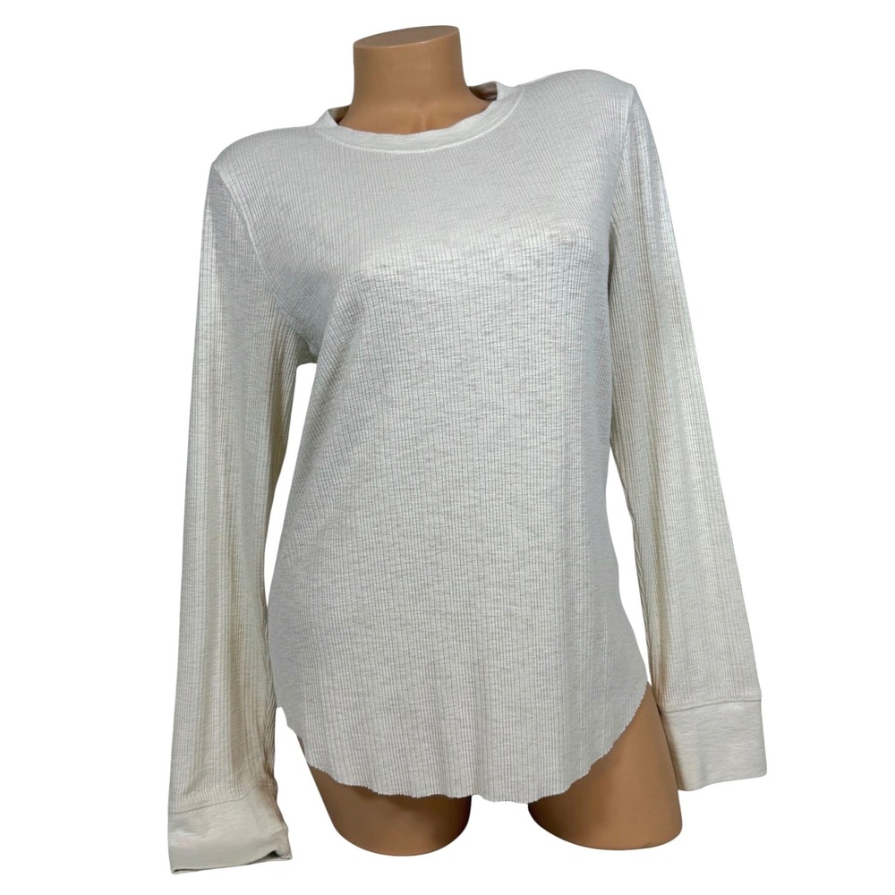 Aerie Women's Size XL Cream Ribbed Long Sleeve Thermal Top Curved Hem Crew Neck